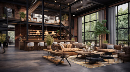 Interior design of beautiful modern loft coffee house