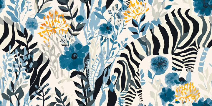 Hand drawn abstract floral ethnical style pattern with zebras skin. Collage contemporary print. Fashionable template for design