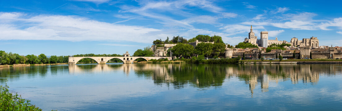 Panorama view of the city of Avignon on the Rhone River, France