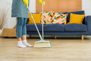Crop image of a young professional cleaning service women worker working in the house. Girls...