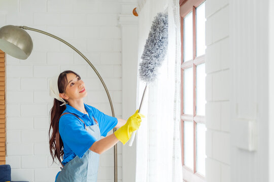 Asian young professional cleaning service woman worker working in the house. The girl cleans the curtain and window with a grey feather duster. Professional cleaner and chore service concept.