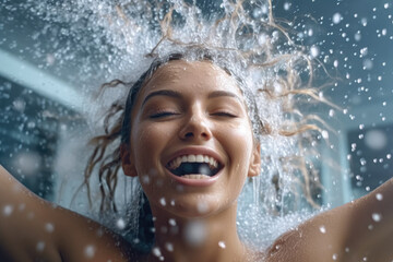 Fototapeta na wymiar Smiling woman in the bathroom with water splashing on her face. The concept of taking a shower, washing yourself, taking care of yourself. Generative Ai, Ai.