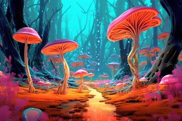 Illustration of a whimsical forest landscape filled with vibrant mushrooms created using generative AI