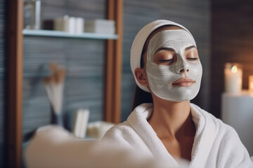 A pretty woman with a face mask and a towel on her head, freshly after a bath. The concept of women taking care of themselves and their beauty. Generative Ai, Ai.