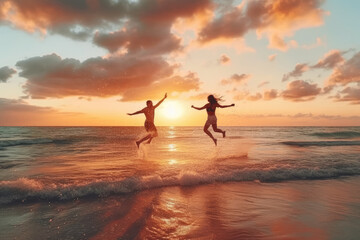 View of a happy couple jumping against the background of the sea and the setting sun. The concept of joy and happiness in a couple, a group of friends. Generative Ai, Ai.
