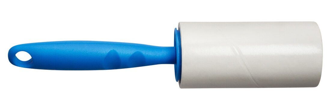Sticky paper lint roller with a blue handle, cut out