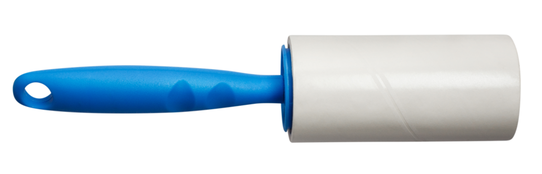 Sticky paper lint roller with a blue handle, cut out