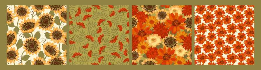 Floral seamless patterns with autumn flowers, leaves and berries. Vector background for various surface. - 628070607