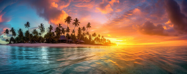 Fototapeta na wymiar Panoramic view of a small island paradise at sunset. Generative AI