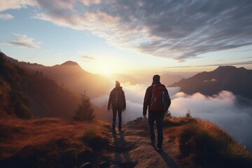 Fototapeta na wymiar Photograph of people hiking in mountains with stunning views at sunrise, Generative AI