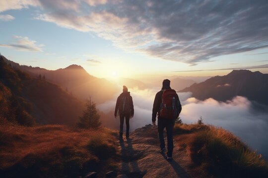 Photograph of people hiking in mountains with stunning views at sunrise, Generative AI