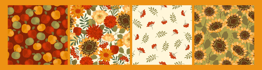 Floral seamless patterns with autumn flowers, leaves and apples. Vector background for various surface.