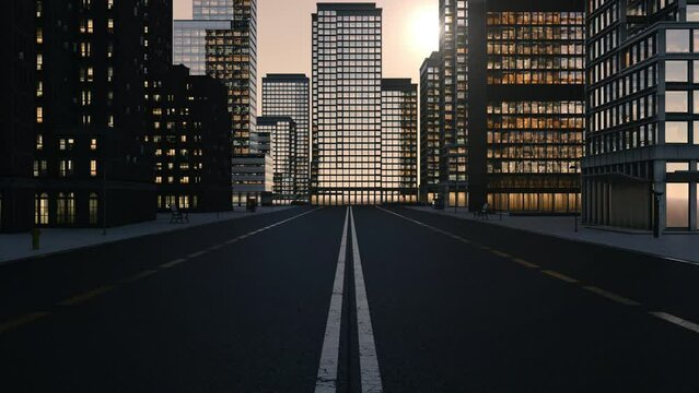 a street with buildings at sunset. city ​​background at sunset. walking down the street during sunset. 3d city with the sun behind a building. 3d animation of a street at sunset