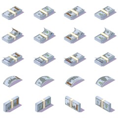 set of isometric paper money dollars on a white background, stacks of banknotes in different directions, icons for money