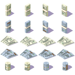 Fototapeta premium set of isometric paper money dollars on a white background, stacks of banknotes in different directions, icons for money