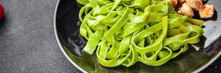 green tagliatelle pasta chicken tomato sauce vegetable food healthy meal food snack on the table copy space food background rustic top view
