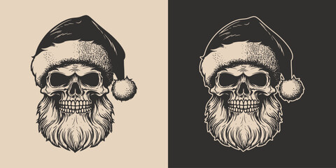 Vintage retro tattoo bad scary horror spooky skull skeleton santa claus in hat. Merry christmas xmas new year holiday halloween poster.  Graphic Art.  Engraving vector style.