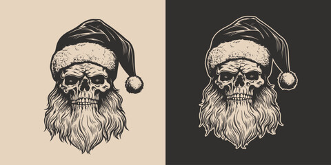 Vintage retro tattoo bad scary horror spooky skull skeleton santa claus in hat. Merry christmas xmas new year holiday halloween poster.  Graphic Art.  Engraving vector style.