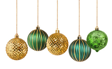 Five gold and green decoration Christmas balls collection hanging isolated