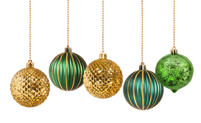 Five gold and green decoration Christmas balls collection hanging isolated