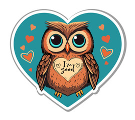 Vector sticker with cute happy owl, made in flat cartoon style. Heart shaped sticker. Perfect for logo, print and other projects.
