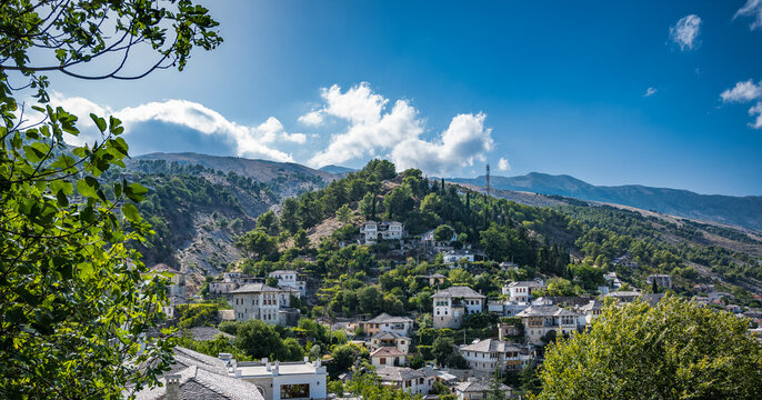 View at Gjirokaster old town city and Gjirokaster Citadel or castle with blue sky in the background