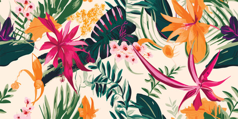 Plakat Modern exotic jungle plants illustration pattern. Creative collage contemporary floral seamless pattern. Fashionable template for design