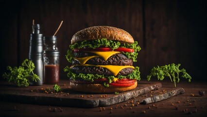 Take a close-up shot of a juicy burger on a wooden table, with a film style look that gives the image a vintage vibe. ai generative