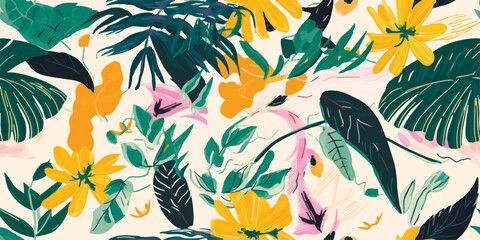 Modern exotic jungle plants illustration pattern. Creative collage contemporary floral seamless pattern. Fashionable template for design