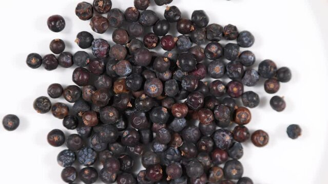 Dehydrated whole juniper berries spinning clockwise - shallow depth of field