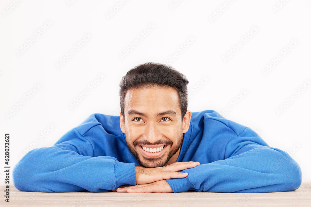 Aufkleber thinking, wonder and face of man on a white background with ideas, brainstorming and dream by table.