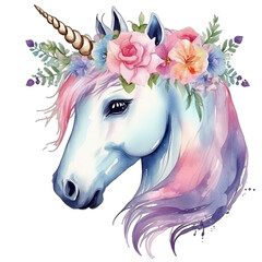 Watercolor unicorn illustration with flower elements. Isolated on transparent background. PNG clip arts  for birthday, wedding, anniversary, and invitations.