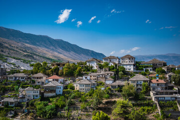 View at Gjirokaster old town city and Gjirokaster Citadel or castle with blue sky in the background