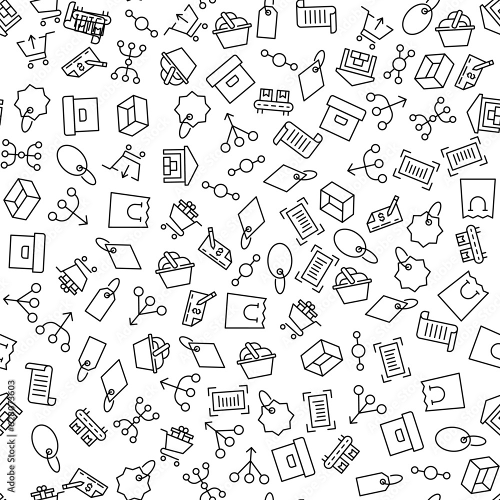 Poster sale vector seamless pattern. texture background with thin line icons. black outline symbols of busi