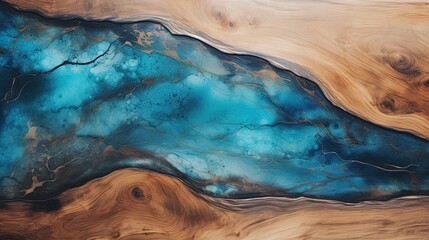 Background made of wood and blue epoxy resin in fluid art style. Wooden table. Generative AI - obrazy, fototapety, plakaty