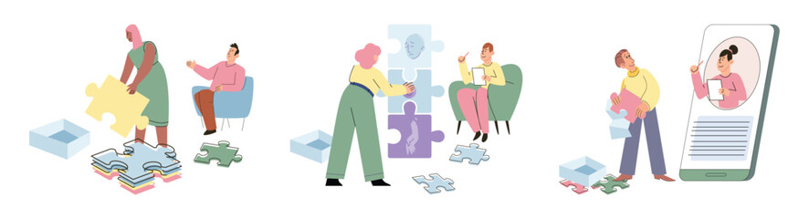 Therapy, people counseling with psychologist, persons in psychotherapist sessions. Psychological help, psychologist. Patient at psychoanalysis and CBT therapy with psychotherapist. Mental game puzzle