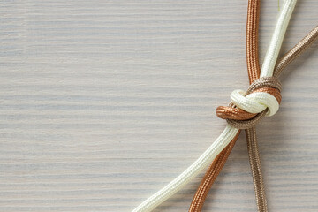 Multi-colored braided cords diverge to the sides from a large knot in the center. Concept of...