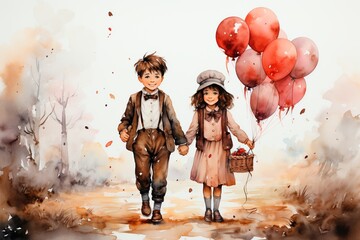Express your affection with this enchanting watercolor illustration of a boy and girl holding red balloons, perfect for sending sweet greetings on Valentine's Day or a birthday. Ai generated