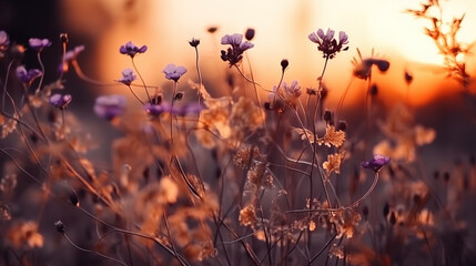 Delicate orange purple sunset, Dry plants and white flowers. Generative Ai