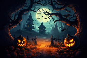 Halloween pumpkin head jack lantern with burning candles, Spooky Forest with a full moon and wooden table, Pumpkins In Graveyard In The Spooky Night - Halloween Backdrop. Ai Generative - obrazy, fototapety, plakaty