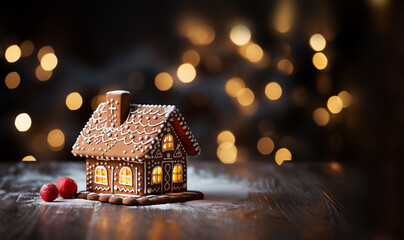 Gingerbread house with glaze standing on table with Christmas decorations, candles and lanterns bokeh lights. Living room with lights and Christmas tree. Holiday mood copy space 
