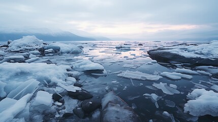 Frozen water in the lake, arctic winter landscape. Generative AI