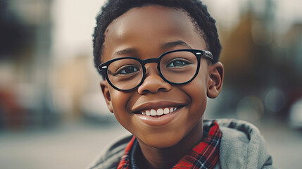 Obraz premium Happy satisfied black people boy wearing glasses portrait outside. Generative Ai