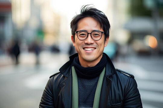 Happy satisfied asian man wearing glasses portrait outside. Generative Ai