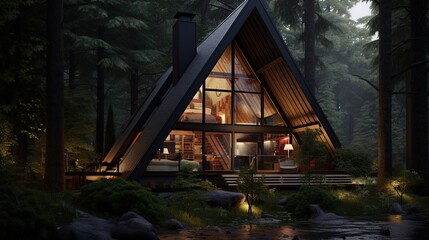Atmospheric A-frame house in a dark forest. Generative AI