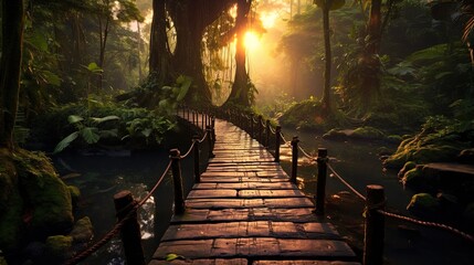 Soft bridge in the rainforest. Generative AI