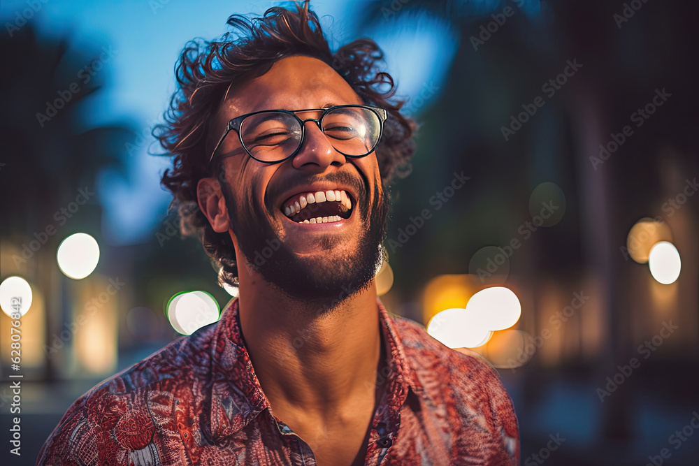 Wall mural Happy satisfied man wearing glasses portrait outside. Generative Ai