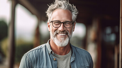 Happy satisfied senior man wearing glasses portrait outside. Generative Ai