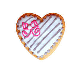 Striped and ribbon patterned royal icing heart shaped cookie on transparent background, PNG file