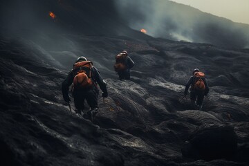 Photograph of people practicing adventure sports in volcanic landscapes, Generative AI